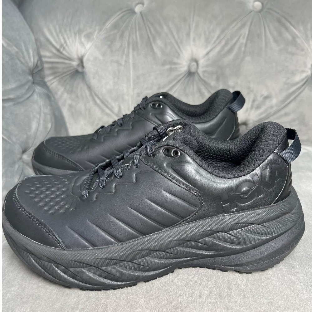 Hoka One One Bondi SR Walking Shoes Black Leather Slip Resistant Womens 8 Black